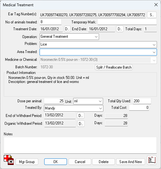 FarmIT 3000 Cattle Animal Treatment Record