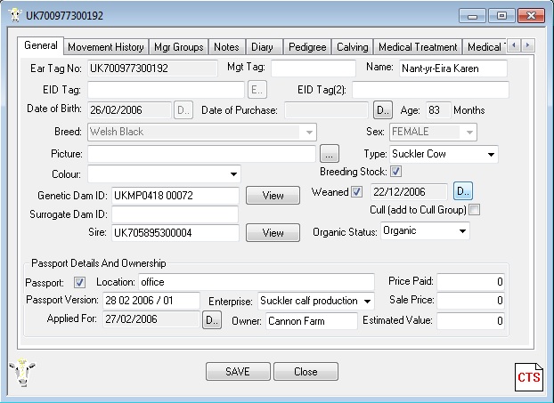 Cattle Record Card