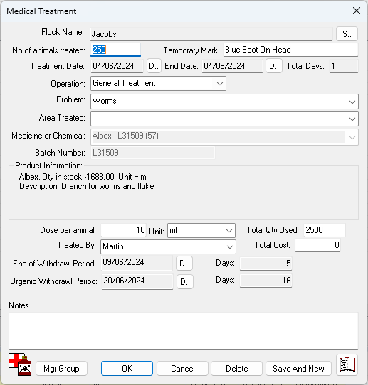 FarmIT 3000 - Sheep Flock Treatment Record of untagged lambs